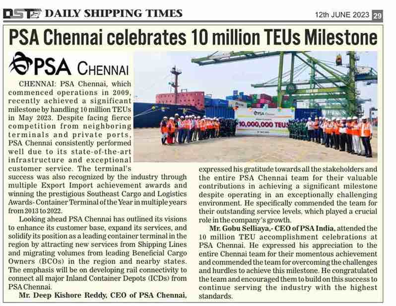 PSA Chennai celebrates 10 million TEUs Milestone